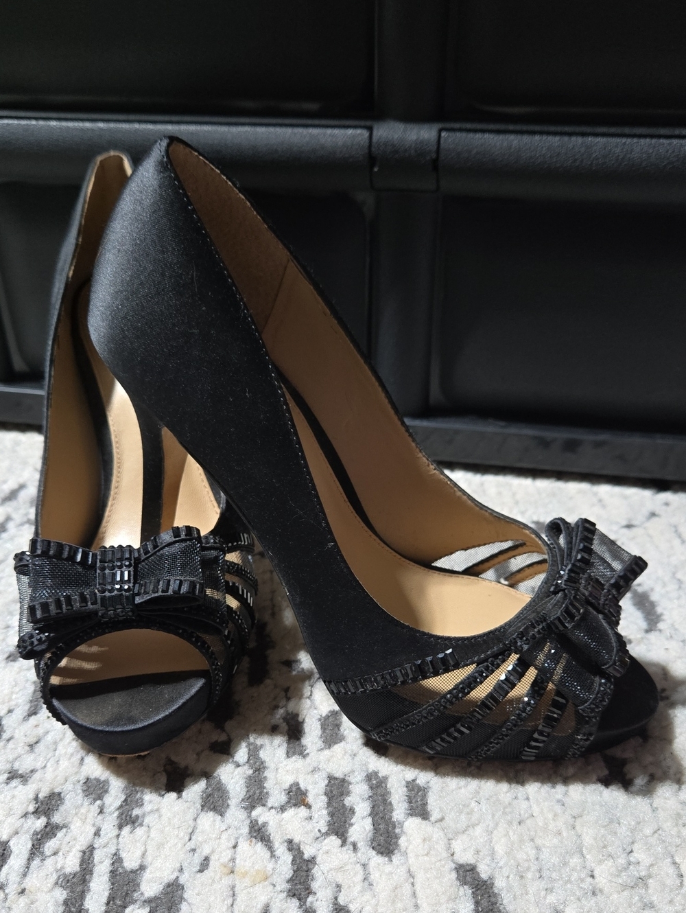 Antonio Melani Black Satin Open Toe Heels With Mesh Bow Detail. "Evita" Size 7